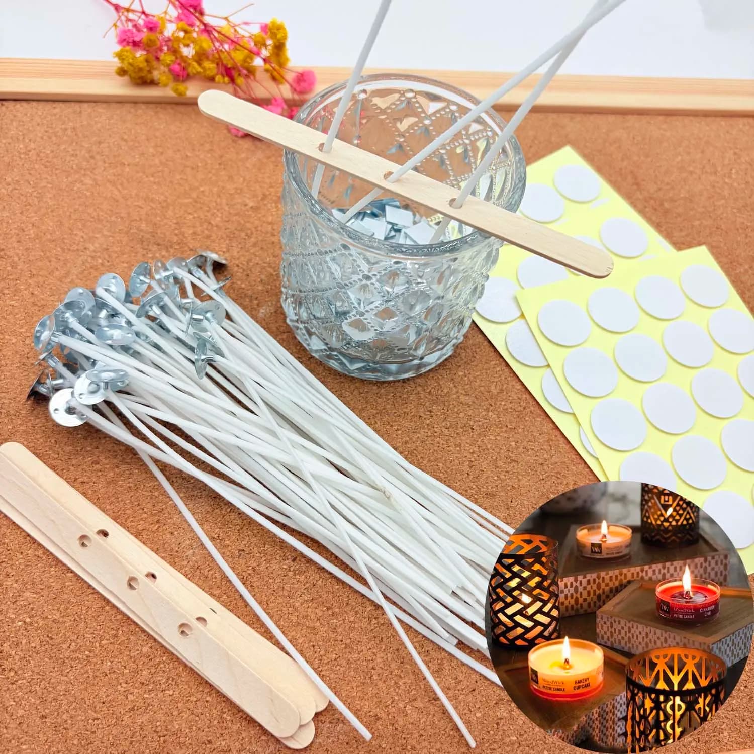 1 SET DIY Kit for Candle Creation, Stoppini in Cotton Without Smoke Cerati with Metal Supports and Candle Holder in Wood for Candle Making