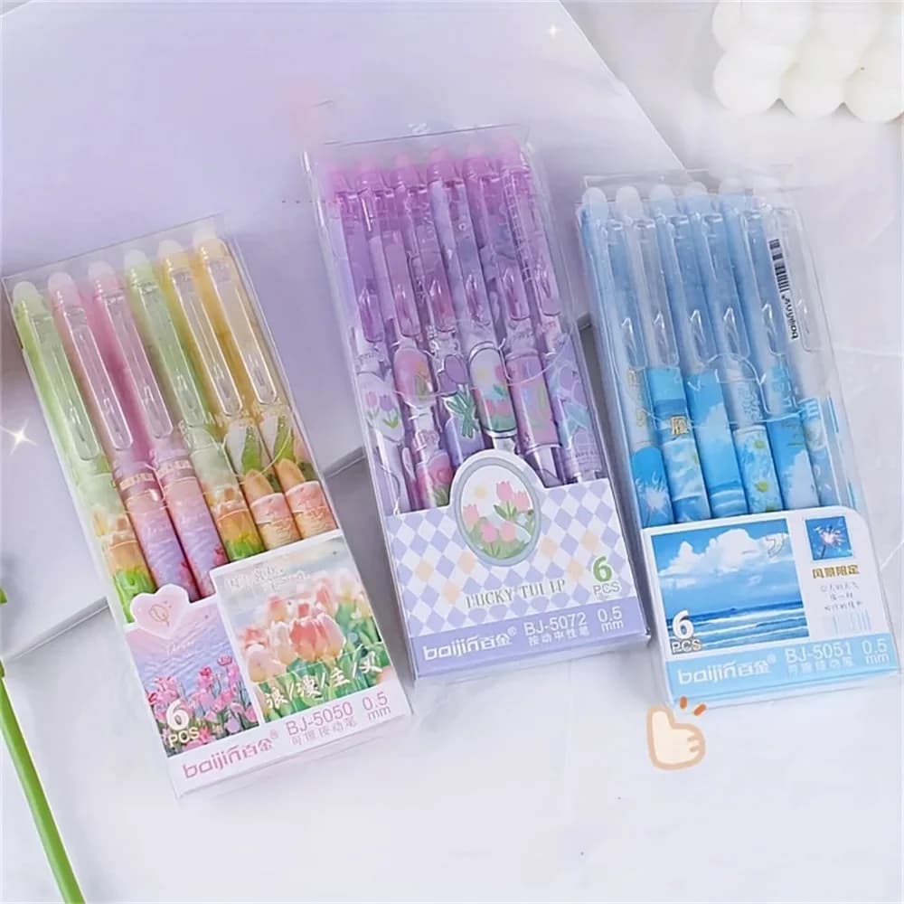 6pcs Tulip Erasable Black Gel Pens Kawaii Gel Pens With Erasers Korean Stationery Students Girl Gift School Office Supplies