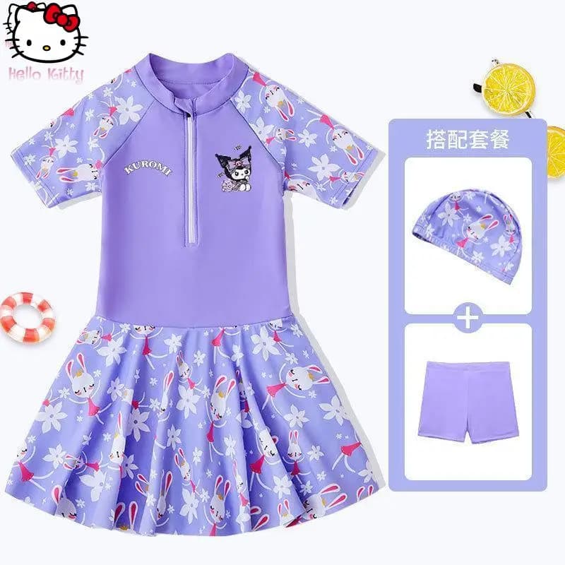 Baby swimsuit with animated cartoon theme skirt, new, fashionable, kawaii, beach shorts, sun protection, quick drying, with breathable swim cap