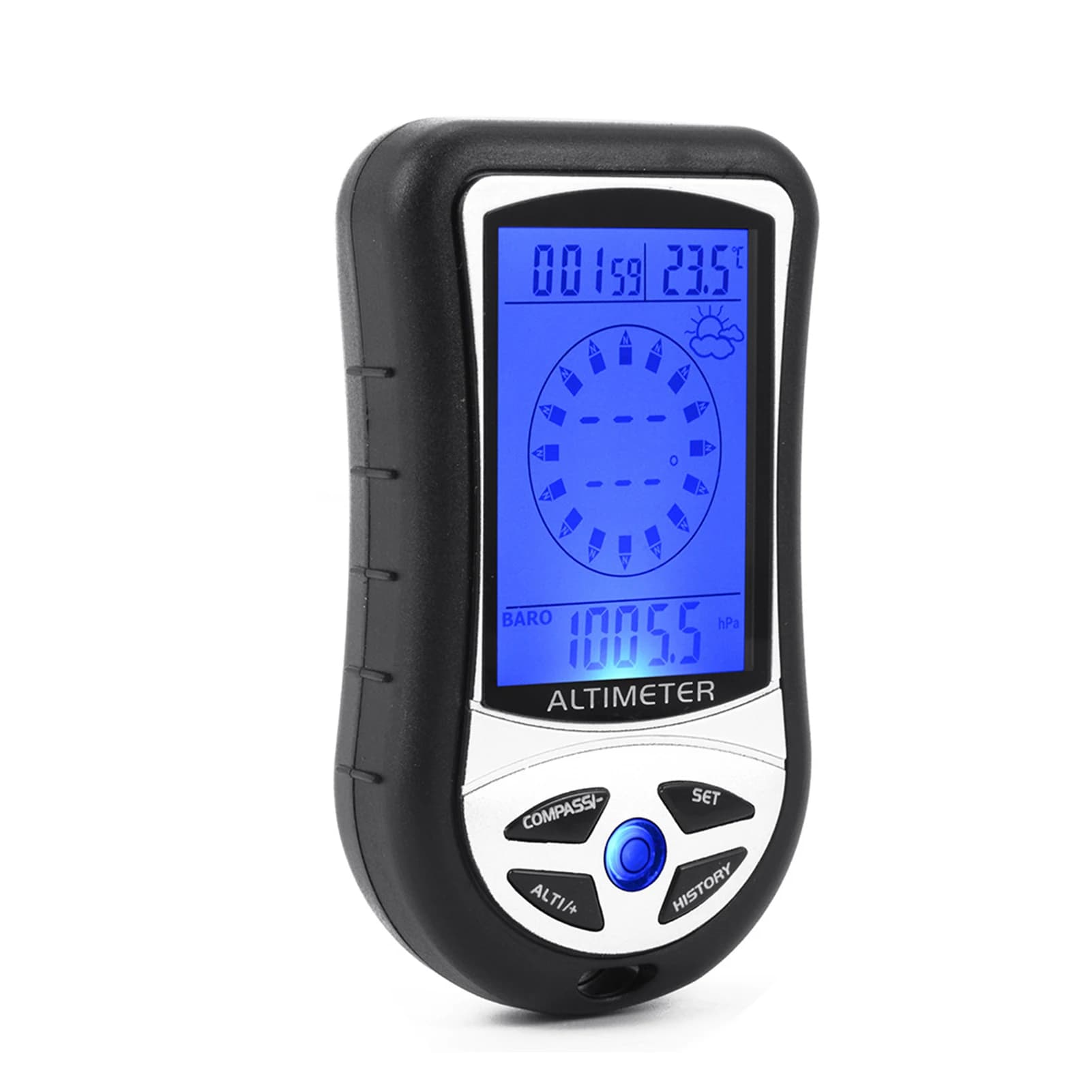 Altimetro Elettronico Multifunzione 8-in-1 con Barometro, Bussola Digitale LCD, Termometro, Misuratore di Altezza e Previsioni Meteo