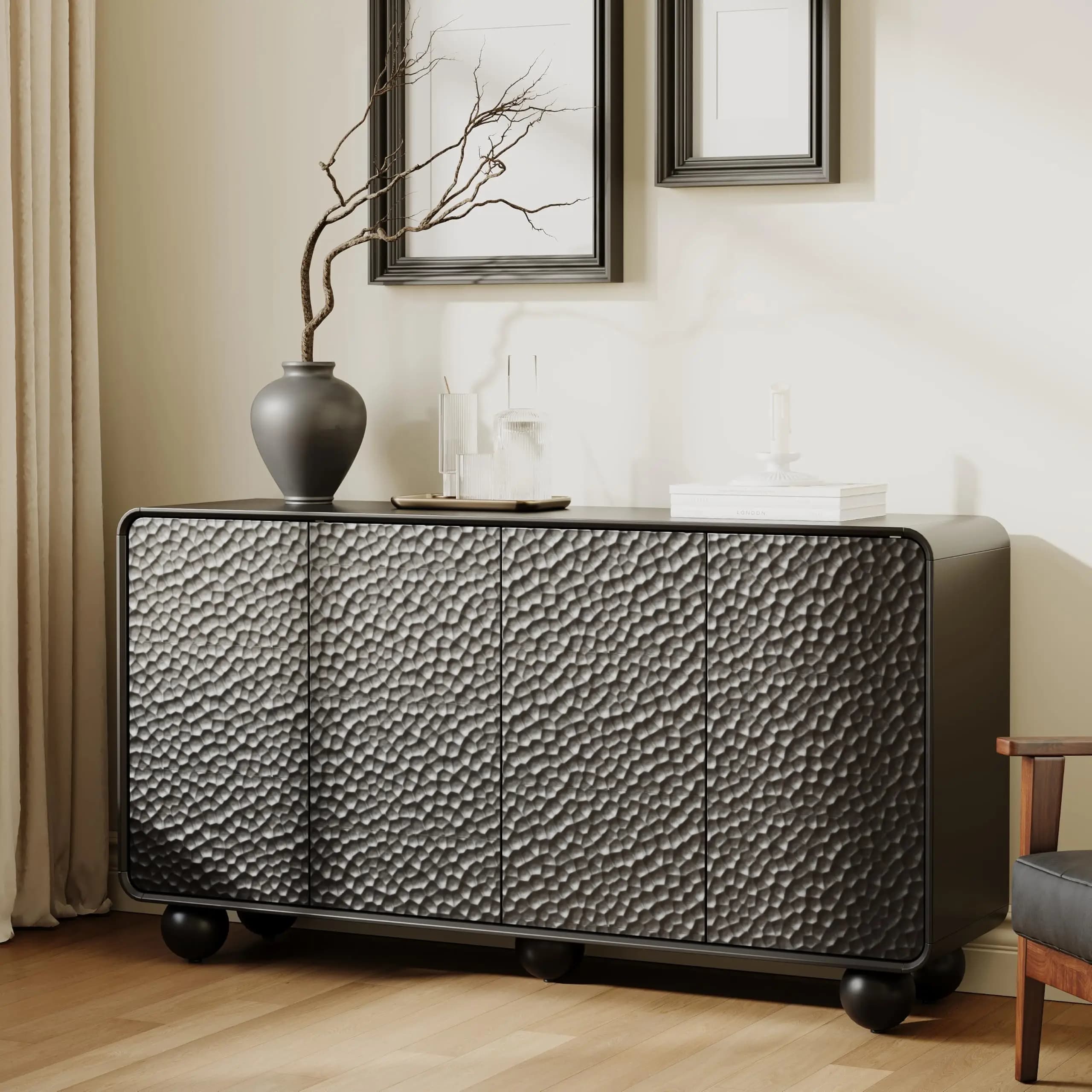 Credenza moderna da 59 pollici con texture a nido d'ape e gambe a sfera per sala da pranzo e soggiorno