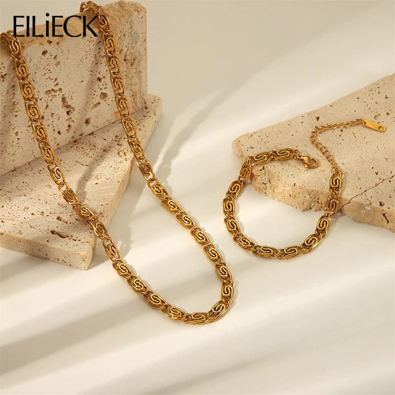 EILIECK 316L Stainless Steel Geometric Chain Neckalces Bracelet Set For Women New Trendy Metal 18K Gold Plated Jewelry Bijoux