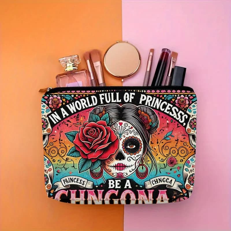 Una borsa per cosmetici con fiori e teschi: simpatica custodia multifunzionale con cerniera per donna, borsa per riporre gioielli