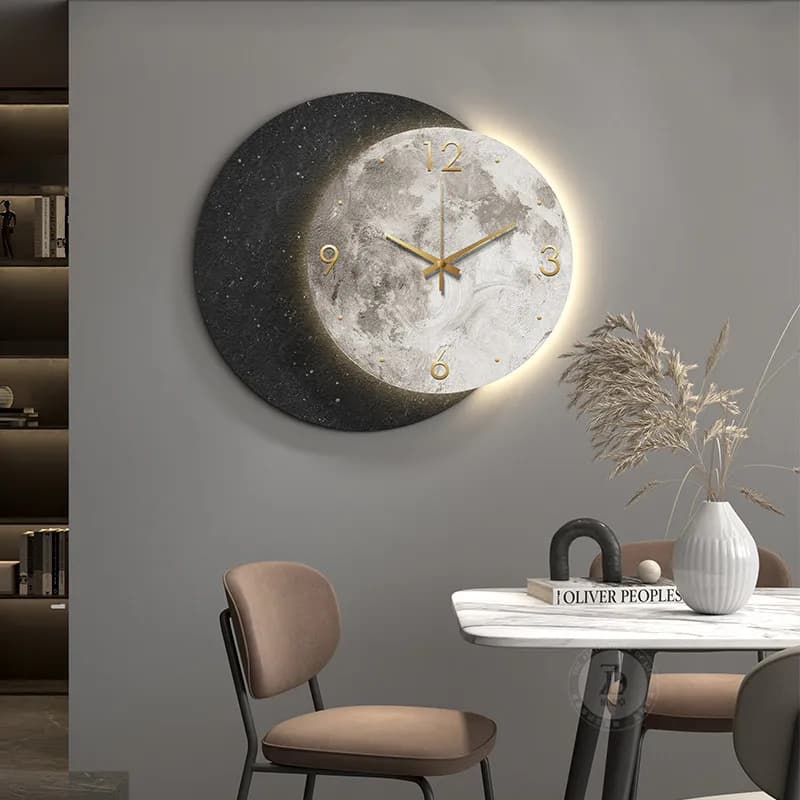Modern and simple decorative square for restaurant, creative watch with moon-shaped LED light, luxury mural painting for living room
