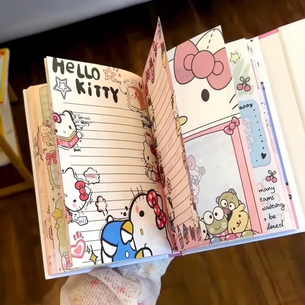 Quaderno a tre ante con nappe e decorazioni Hello Kitty, pagine interne a colori, 96 pagine / quaderno per studenti