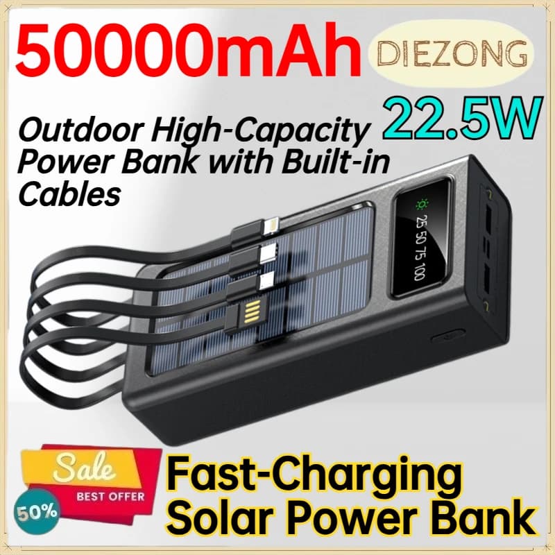 50000mAh 22.5W Fast‑Charging Solar Power Bank for Mobile Phones & Tablets Outdoor High‑Capacity Power Bank with Built‑in Cables