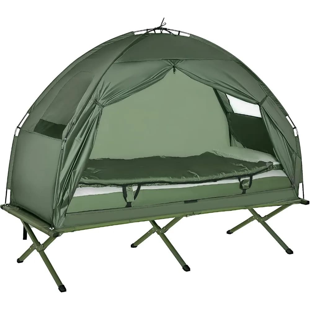 Folding Tent Cot Combo with Mattress, Pillow, Sleeping Bag, Cover, Carry Bag, Off Ground for Hiking, Backpacking, Picnic