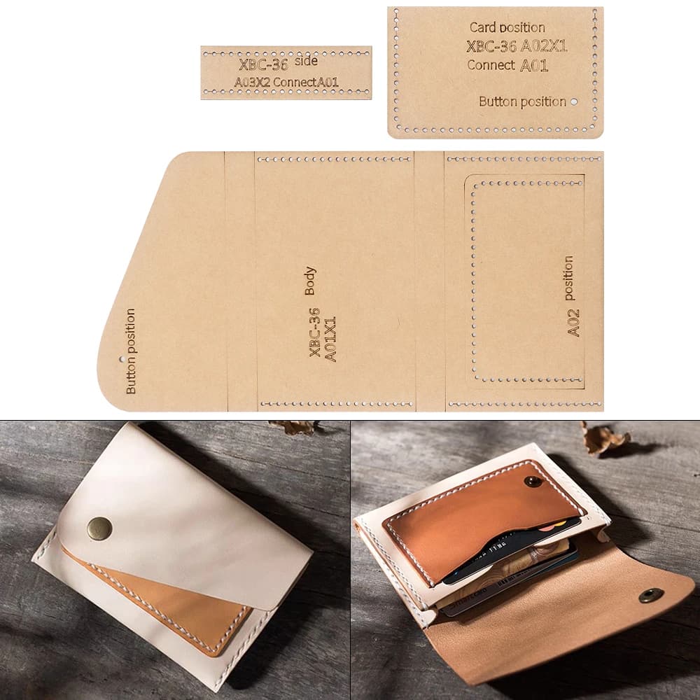Set di 1 Portafoglio con Bottone a Pressione, Porta Carte Portatile - Modello in Carta Kraft, Fai da Te Artigianato in Ecopelle - Modello per Cucito con Fori