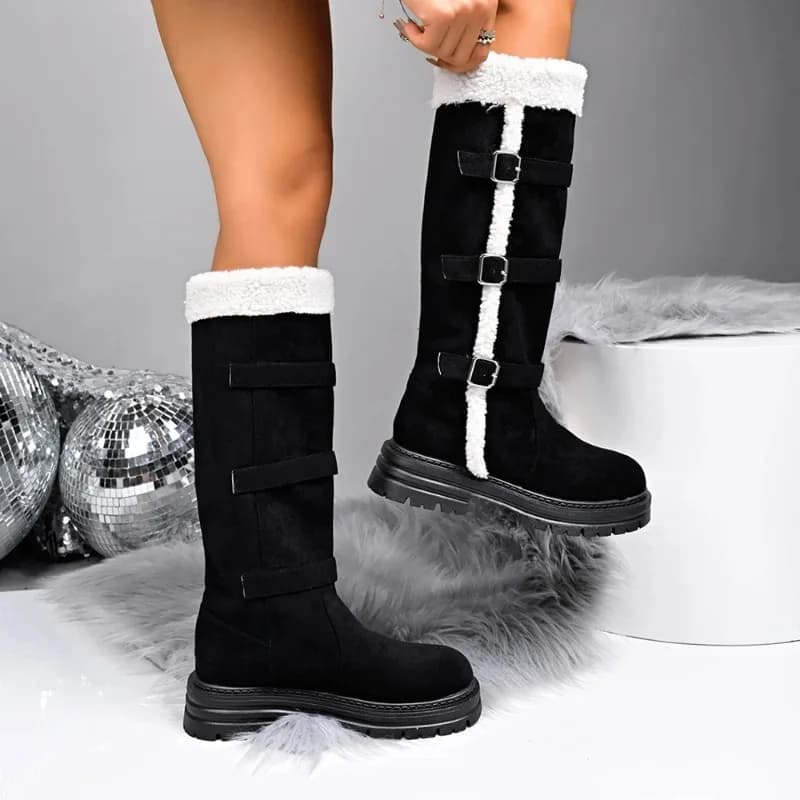 2025 Women's Central Tube Cotton Boots Fashion Round Toe Belt Buckle Non-slip Women's Snow Boots Wear Resistant Botas Mujer