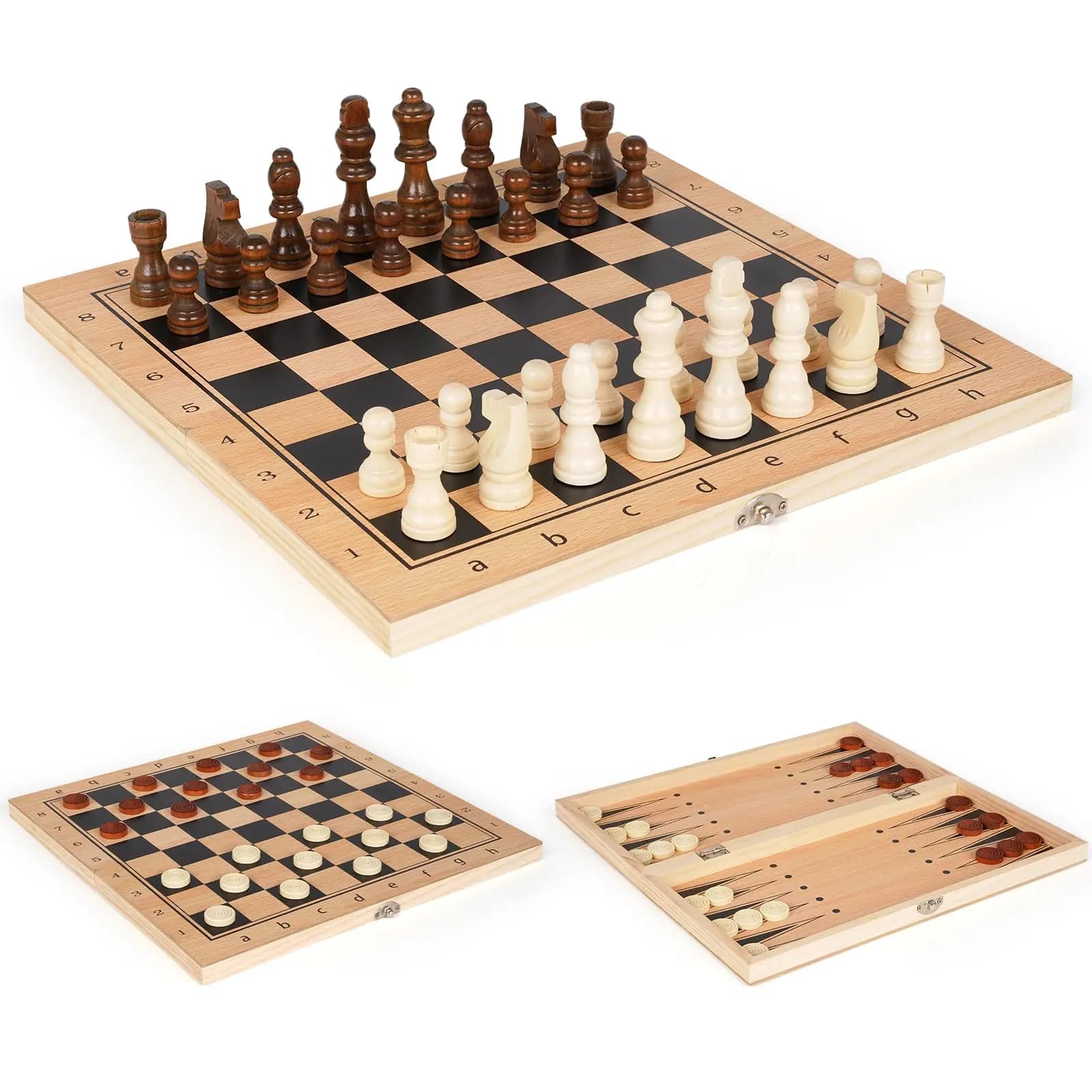 Set di scacchi, backgammon e dama in legno 3 in 1 - Tabellone da gioco pieghevole premium con spazio di archiviazione per adulti - Cinghiale strategico portatile