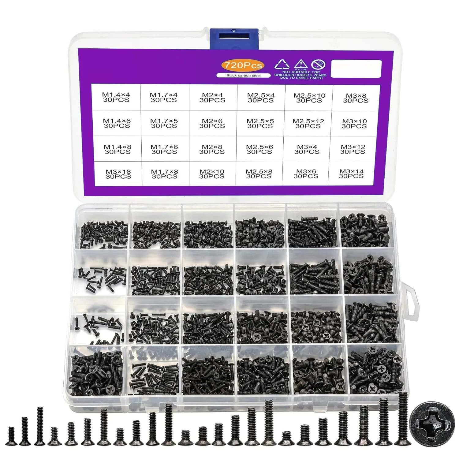 450/720 pz Kit di viti per piccoli computer scatola piatta Phillips nera Viti per occhiali minuscoli M1.4M1.7M2M2.5M3 per PC, disco rigido SSD per laptop