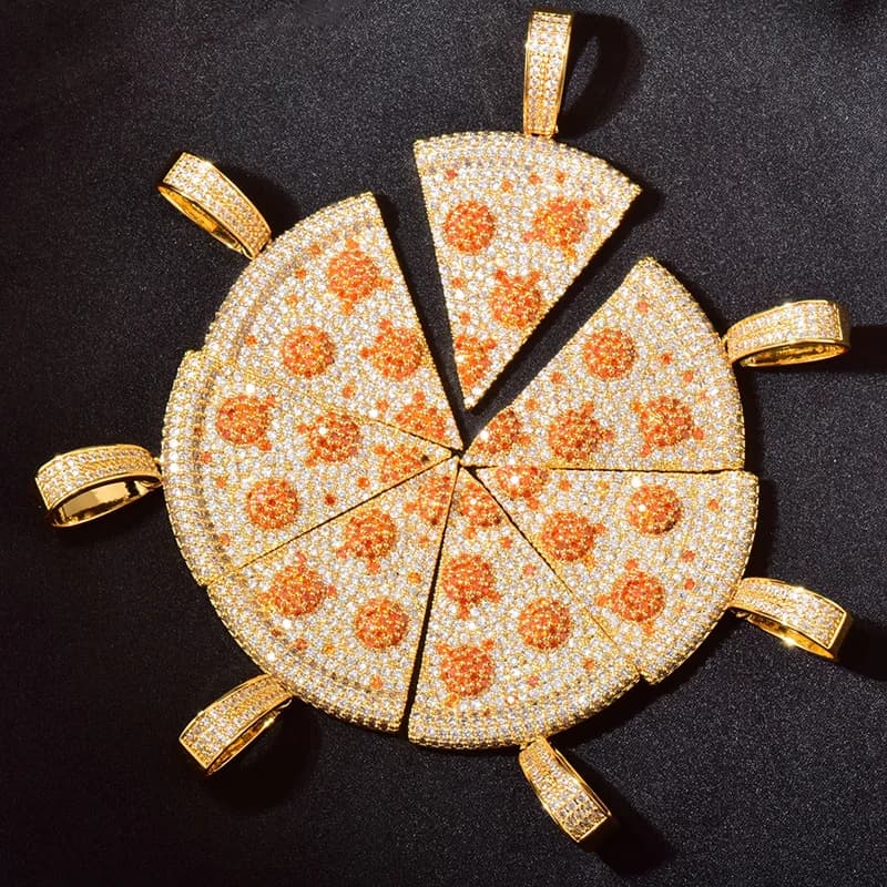 Hip Hop 3A + CZ Pietra pavimentata Bling Iced Out BFF Pizza Pendenti con ciondoli Collana per uomo Rapper Gioielli Oro Argento Colore