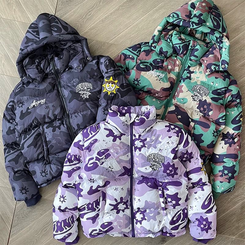 GLO GANG Camouflage Jacket Vest with Hat Detachable Embroidery Craft Cotton Outerwear Youth Casual Style Autumn Winter Coat