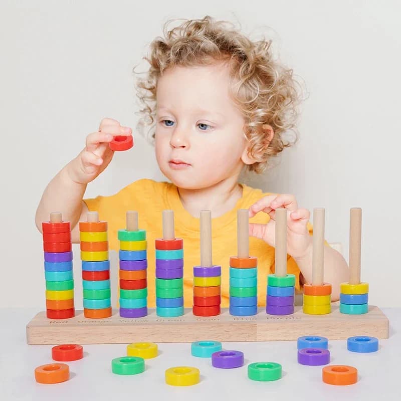 Giocattoli in legno per l'ordinamento e l'impilamento dei colori, Gioco Montessori con anelli arcobaleno, Giocattoli in legno per l'ordinamento e l'impilamento per bambini piccoli