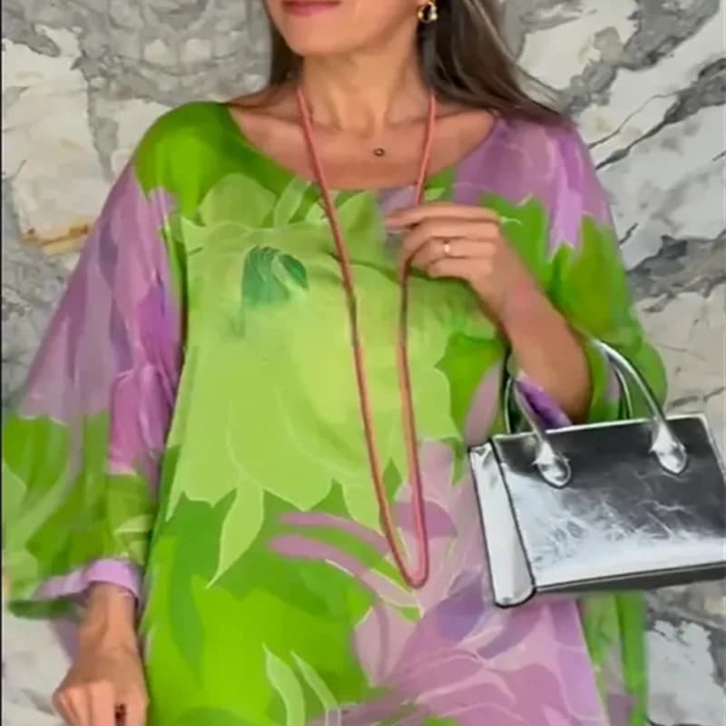 Abito Lungo da Donna Casual a Vita Alta con Maniche a Pipistrello, Elegante Vestito da Festa Drappeggiato Estivo, Abito Ampio Stampato Moda Primavera 2026