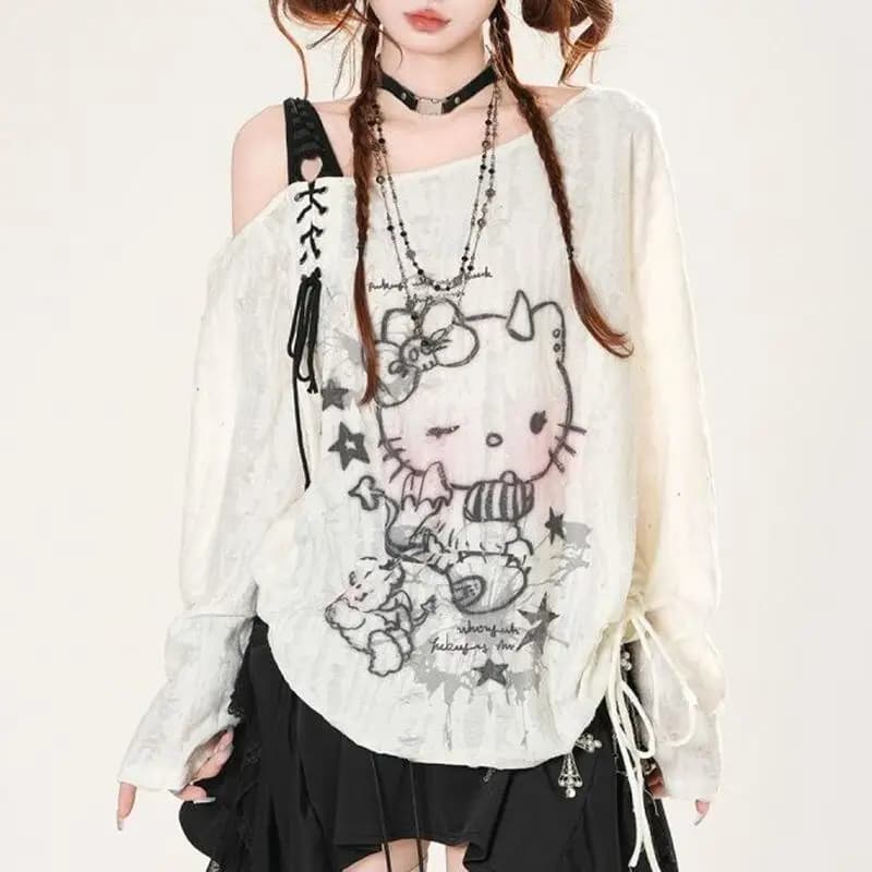 Anime Cartoon Y2K T-Shirt with Women's Cross Straps, Solar Protection, New Spring/Summer Collection, Versatile Top with Discounted American Style Shoulders