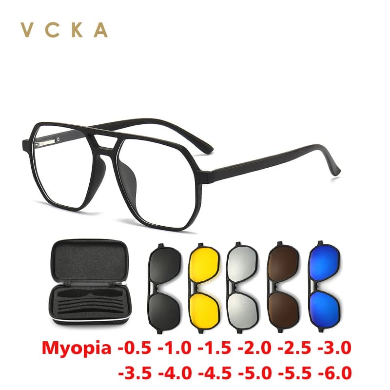 VCKA Occhiali da sole miopia polarizzati con montatura grande 6 in 1 Clip magnetica da prescrizione Uomo Donna Occhiali Ottici personalizzati da -0,5 a-10