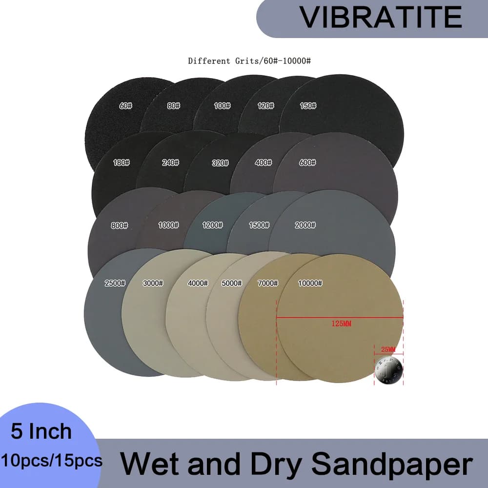 Carta vetrata a umido e a secco da 5 pollici 10 pezzi/15 pezzi Levigatrice orbitale casuale con gancio e anello Disco abrasivo da 125 mm per lucidare legno metallo