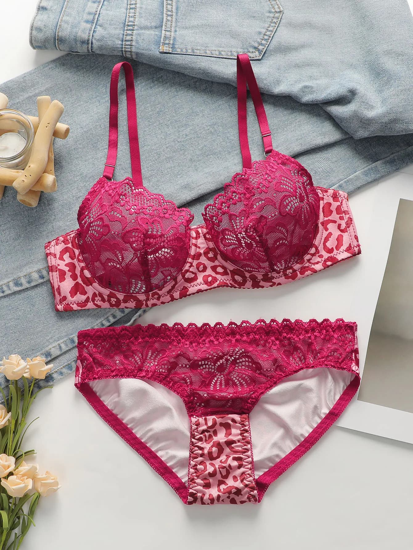 Reggiseno di pizzo sexy con stampa leopardata rosa da donna sottile, traspirante con bordi in acciaio reggiseno push up quotidiano set di biancheria intima aderente A3131
