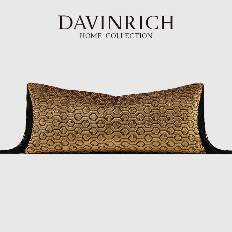 DAVINRICH Lussuosa Fodera per Cuscino Lombare con Ricamo Esagonale Dorato e Frange, per Villa, Hotel, Ufficio