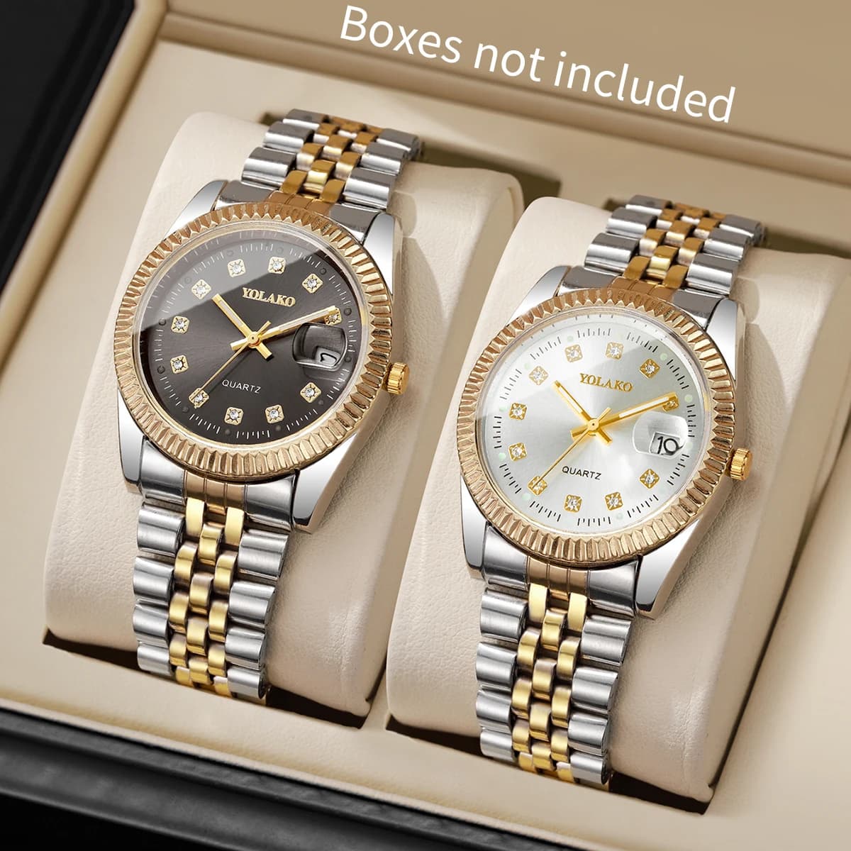 Set of 2 Luxury Men's Watches with Rhinestones, Elegant Quartz Wristwatches with Steel Calendar (Senza Box)
