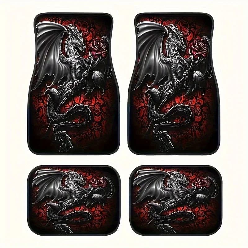 4 piece Dragon Rose Car Decorative Car Mats, suitable for sedans and SUVs, universal decoration for front and rear cars
