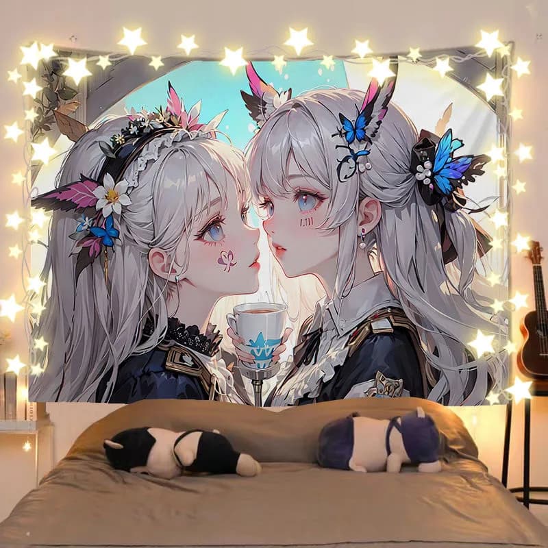VIKAMA Fantasy Anime Elf Girls Tapestry Butterfly Hair Ornament Cartoon Wall Hanging Kawaii Otaku Bedroom Dorm Decor