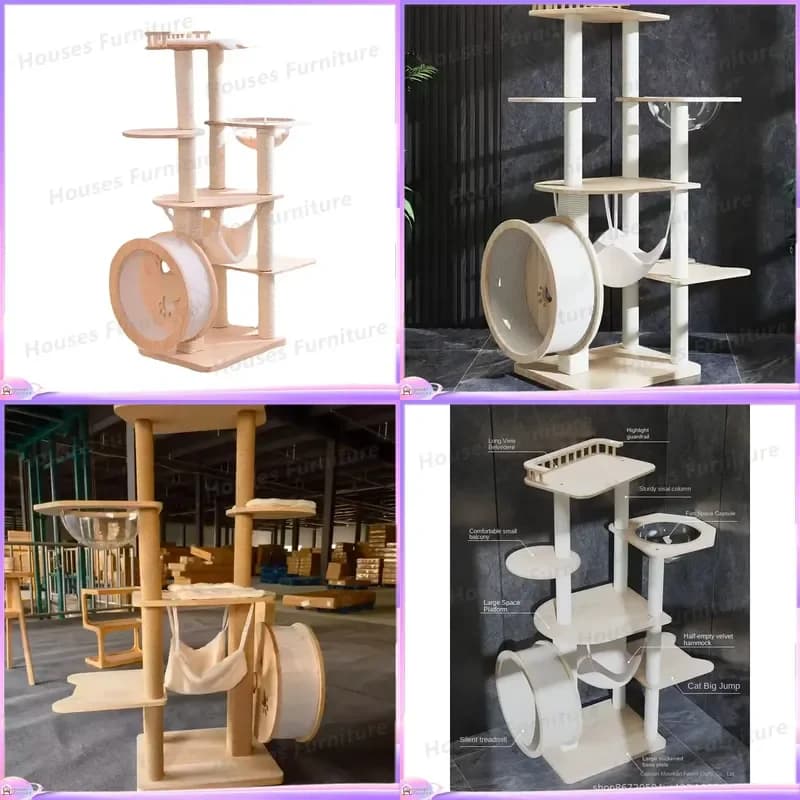 Wooden Cat Tree with Cat Nest Jumping Platform Space Capsule Silent Treadmill Multi Functional Climbing Frame Scratching Post
