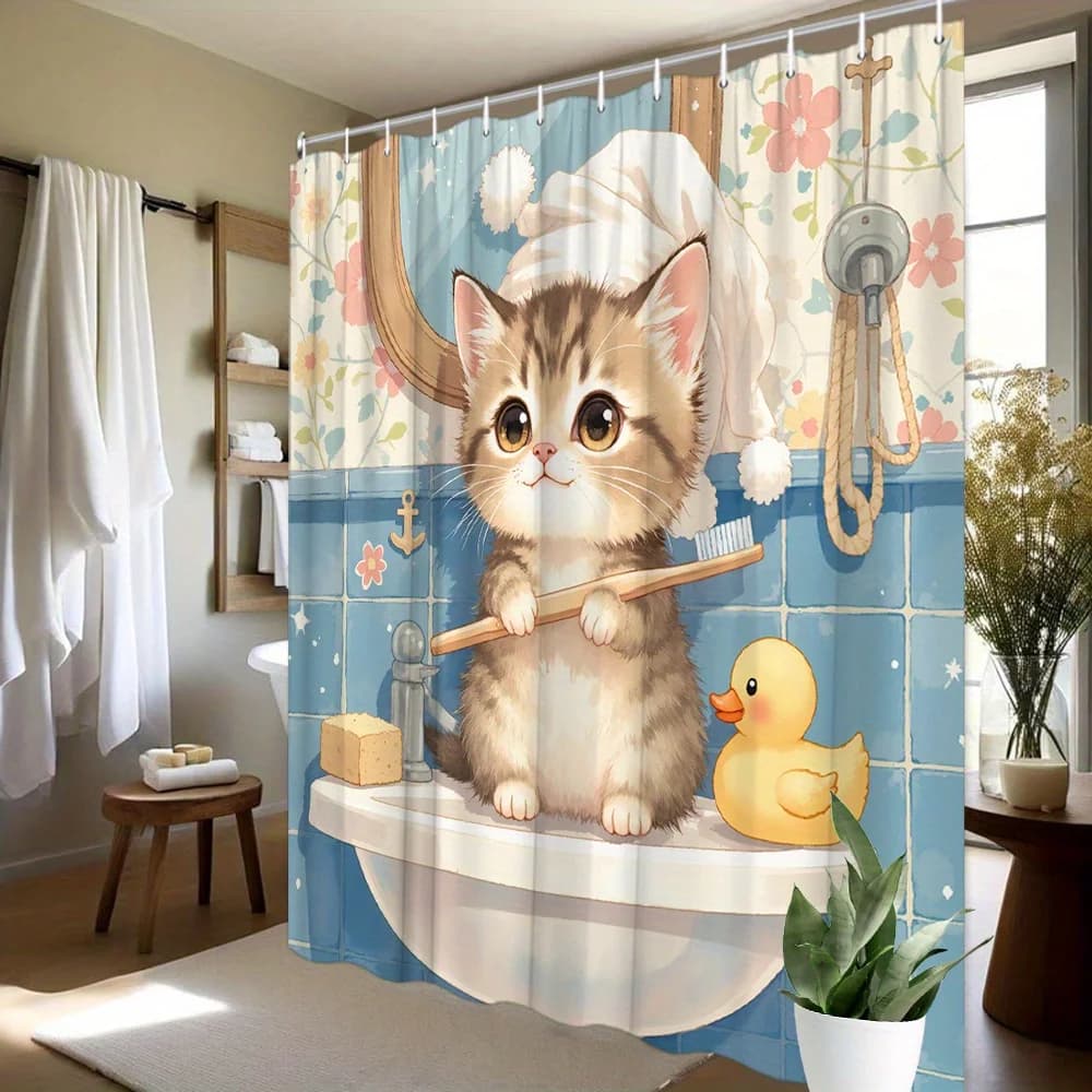 Cartoon Cute Tabby Cat Brushing Teeth With Yellow Rubber Duck Floral Tile Background Print Shower Curtain Waterproof Mildew Resi