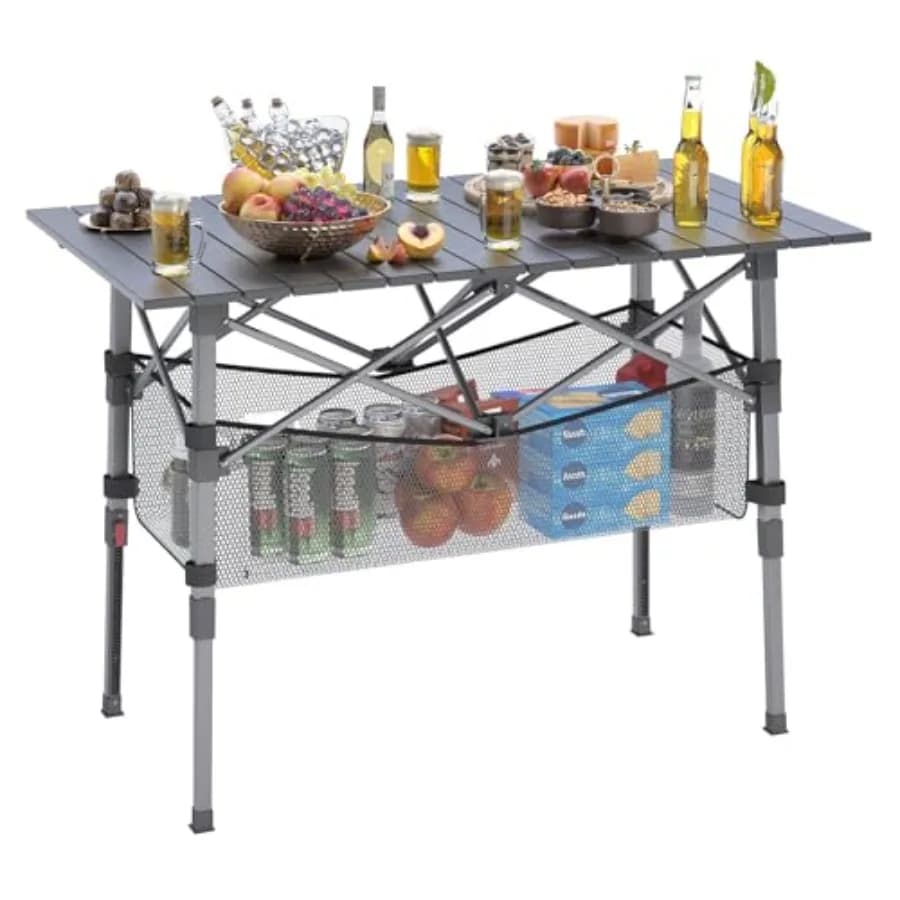 Tavolo da campeggio portatile con gambe regolabili in altezza, leggero, in alluminio, arrotolabile, pieghevole, per spiaggia e picnic.