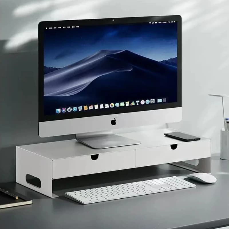 No-Tools Monitor Stand with Drawers - Adjustable Desk Riser for Computer/Laptop, Space-Saving Office Organizer & Storage Shelf