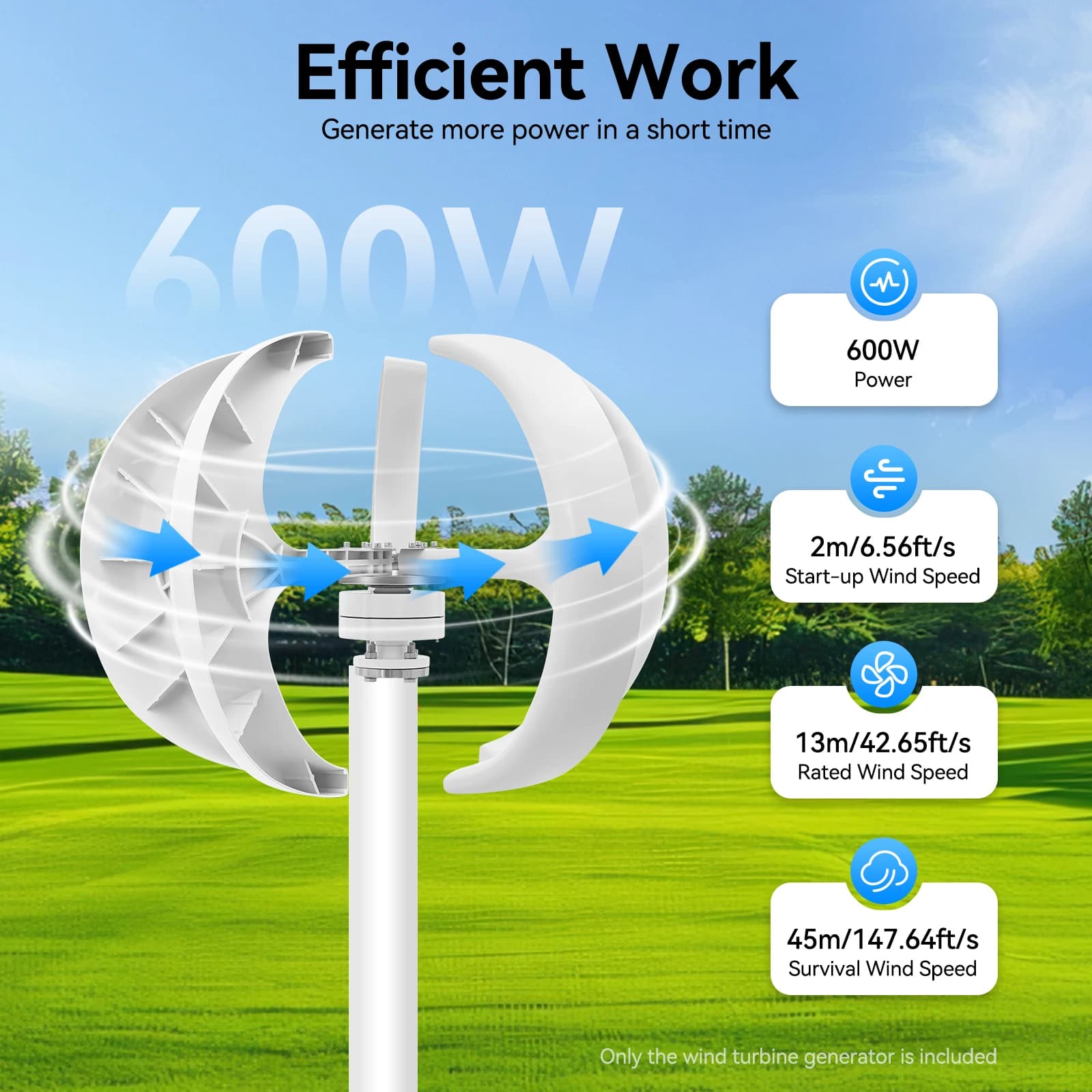 Generatore Eolico 600W 24V con Flangia e Controllore, Sistema Eolico Domestico ad Asse Verticale con Lanterna Bianca