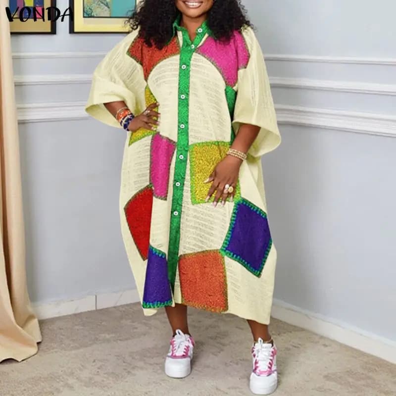 VONDA Long Bohemien Plus Size Dress 5XL Women's Collar, 3/4 Sleeves, Colorful Patchwork, Vintage Oversize Casual Party Dress