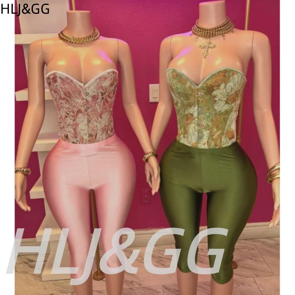 HLJ&GG Retro Oil Painting Corset Top Two Piece Sets Y2K Women Sleeveless Backless Bandage Slim Top And Pants Outfits Streetwear
