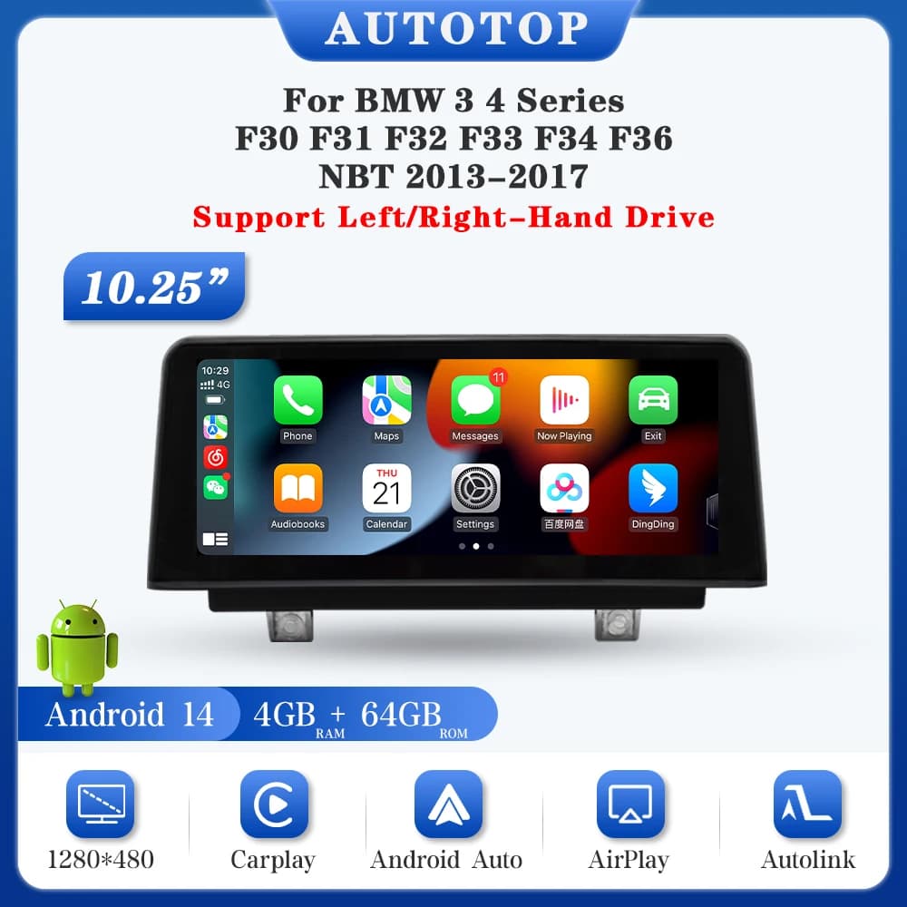 AUTOTOP 10.25 "Android 14 sistema Lettore multimediale per auto per BMW F30 F31 F32 F33 F34 F35 NBT, Wireless Carplay Android Auto Navi