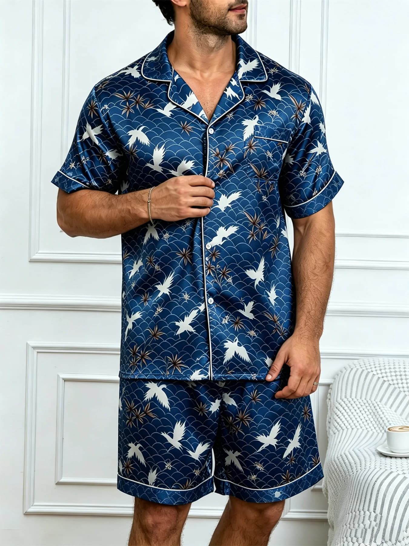 Men Satin Floral Print Button Down Shorts Sleeve Shirts With Shorts 2 Piece Set Soft Comfortable Loungewear Set Outdoor-Homewear