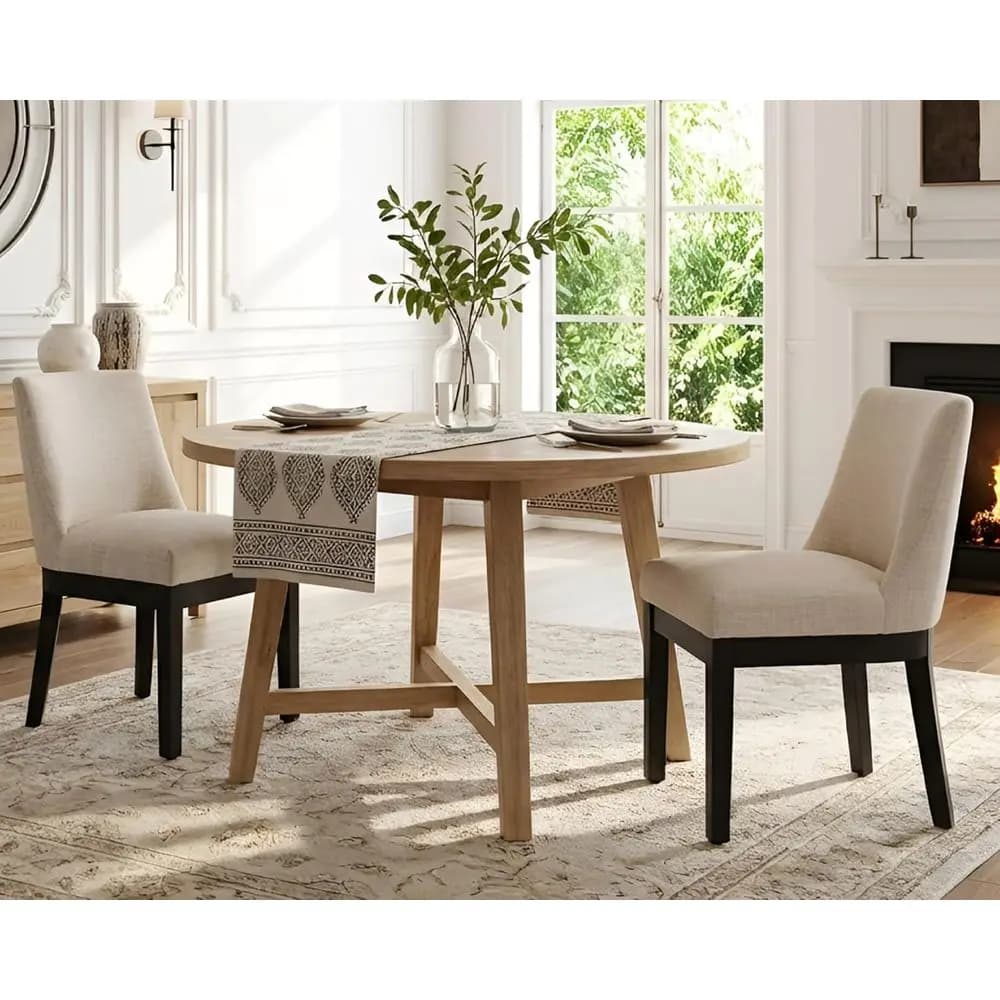 Set di 2 comode sedie da pranzo imbottite in lino con supporto per la schiena e gambe in legno nero, adatte per cucina, sala da pranzo