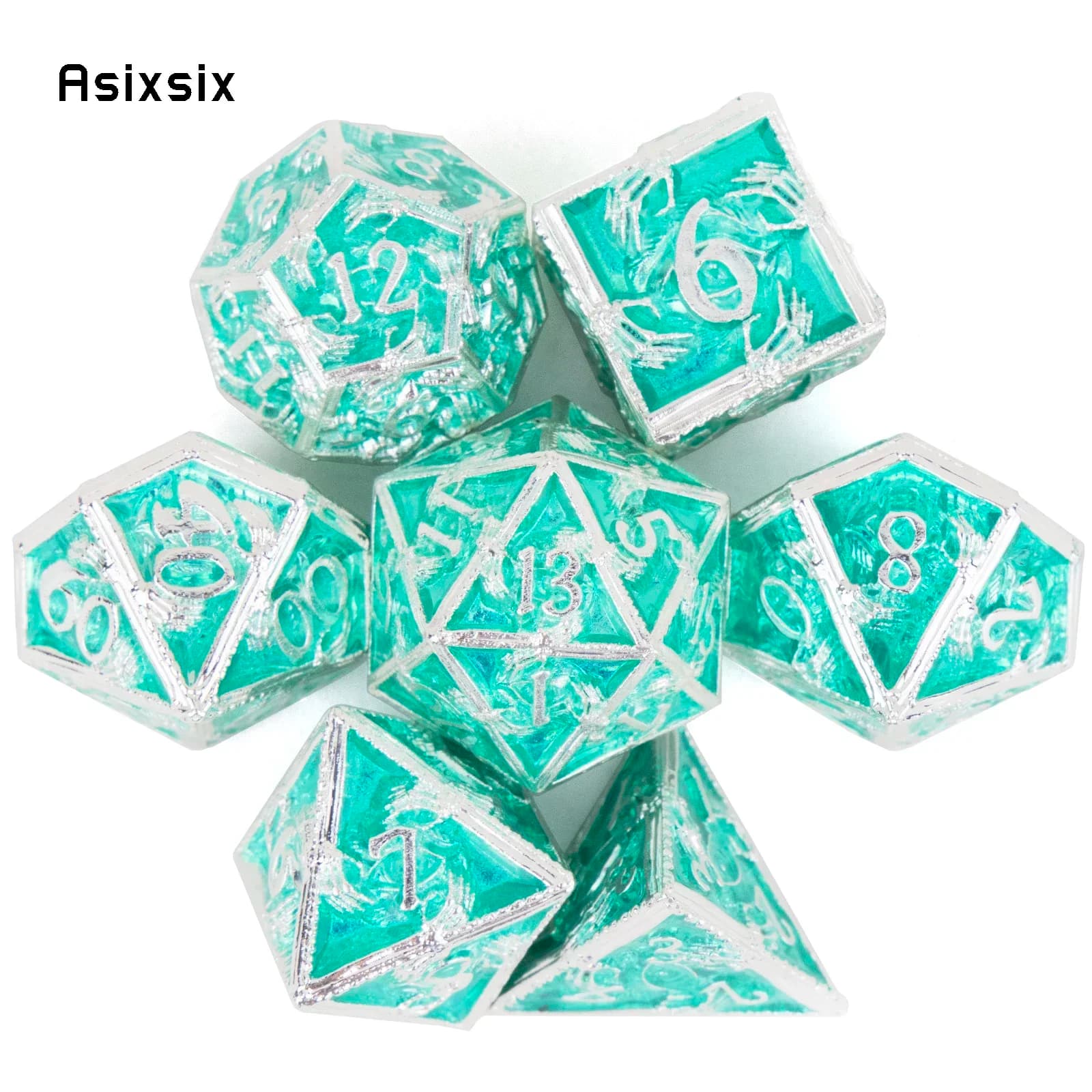 Set di 7 Dadi in Metallo Argento e Verde, Perfetti per Giochi di Ruolo, Giochi da Tavolo e Giochi di Carte. Dadi per Giochi, Set di Dadi D&D