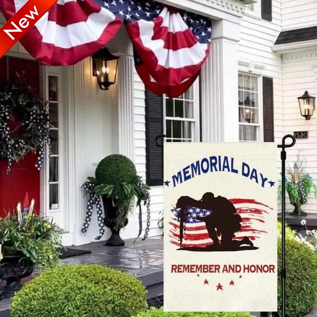 Idea Regalo per il Giorno dei Veterani: Bandiera da Giardino Bifacciale Patriottica Americana con Stivali Militari, Rossa Bianca e Blu, in Poliestere, per il Memorial Day