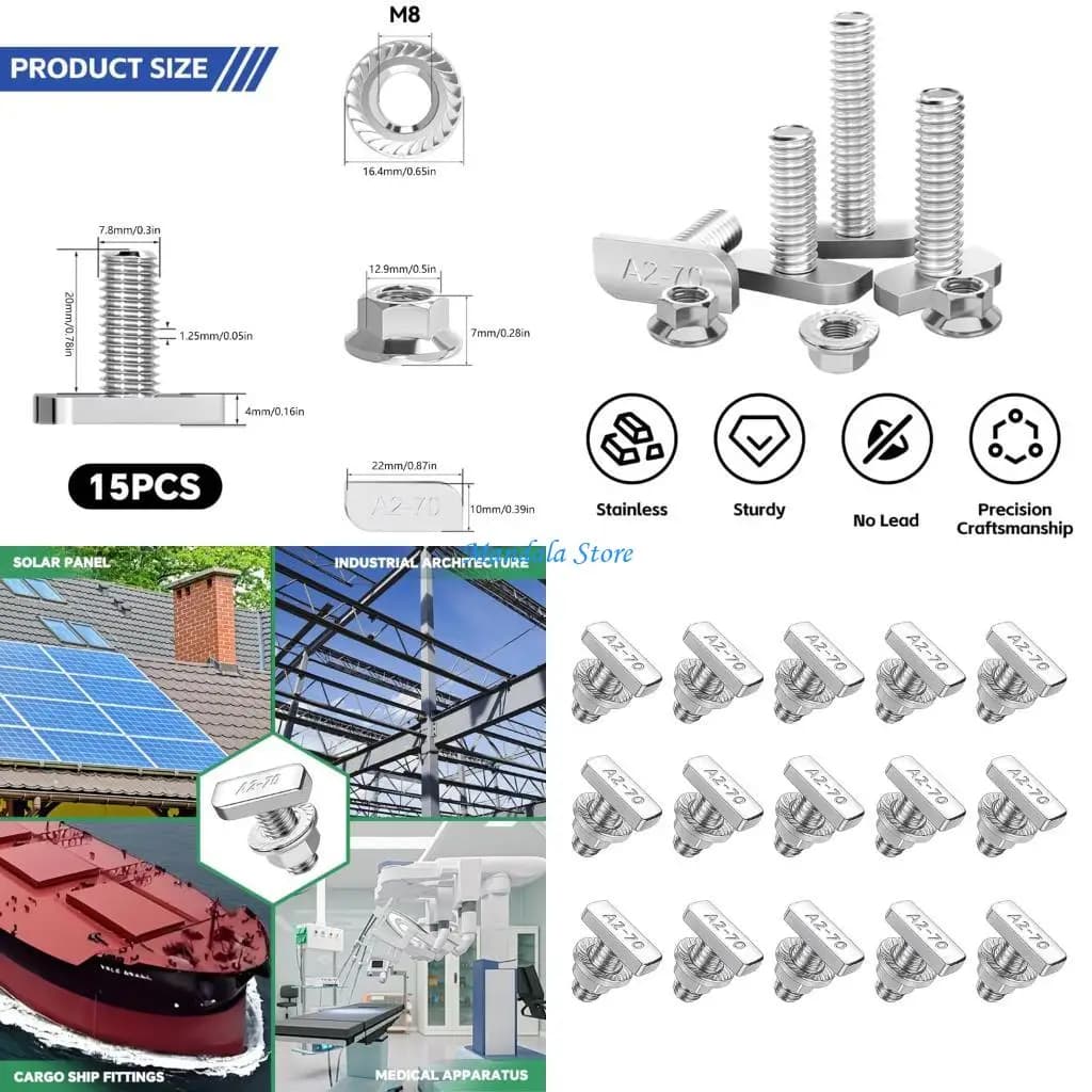 U2JC Sistema fissaggio con bullone a T industriale 15 viti M8x20mm con dado flangiato resistente alla corrosione per