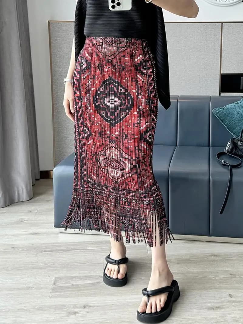 High Waist Pleated Straight Cut Skirt Women's Vintage Fringed Print Spring Summer Wrap Bodycon Midi Long Skirt Polyester Fiber