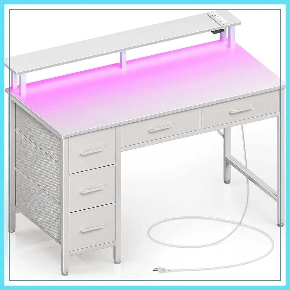 Scrivania per Computer da 39 Pollici con Prese di Corrente e Luci LED, 5 Cassetti, Supporto per Monitor, Scrivania Bianca per Ufficio Domestico