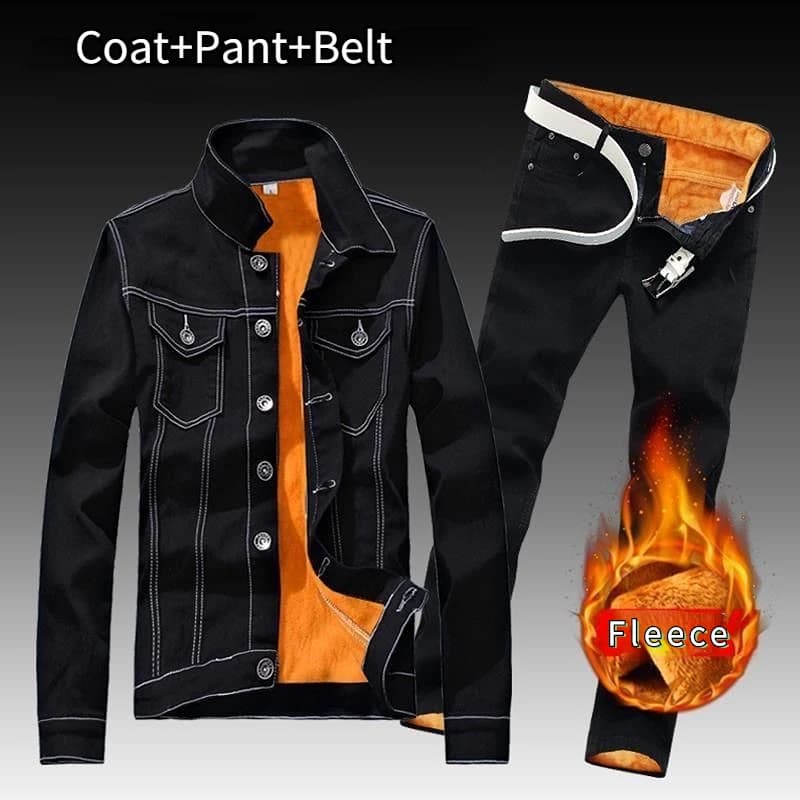 Set di jeans da uomo autunno inverno Semplice giacca in pile a maniche lunghe blu e jeans Abito di jeans casual in due pezzi Cintura di invio gratuito
