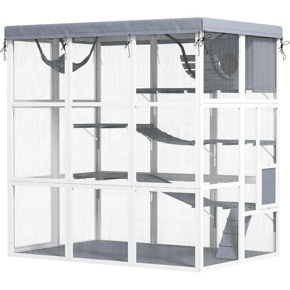 Catio Custodia per gatti da esterno, grande casetta per gatti di lusso all'esterno con amaca, condominio, piattaforme per saltare, scale, rampe, telo, Wa
