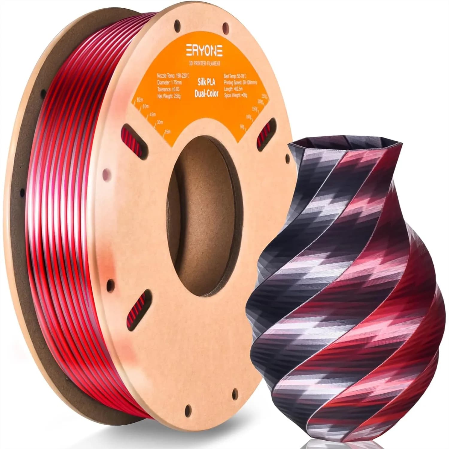 Filamento PLA Bicolore Effetto Seta 1.75mm +/- 0.03mm, Filamento Coestruso Bicolore per Stampante 3D, Bobina da 250g Nero Rosso con