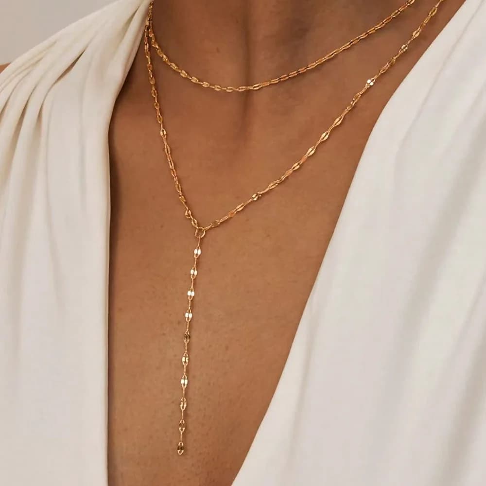 DGIDDK Collana con frange lunghe a doppio strato in acciaio inossidabile Catena a Y da donna Gioielli con catena alla clavicola sofisticata e alla moda