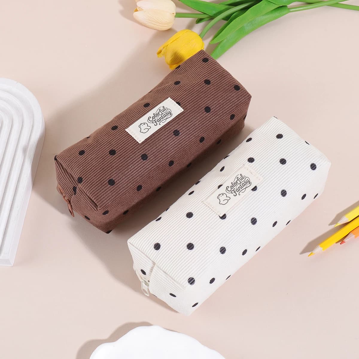 Astuccio a pois carino per la scuola e l'ufficio, organizer con cerniera per penne, matite, pennelli per il trucco, regalo per studenti e donne