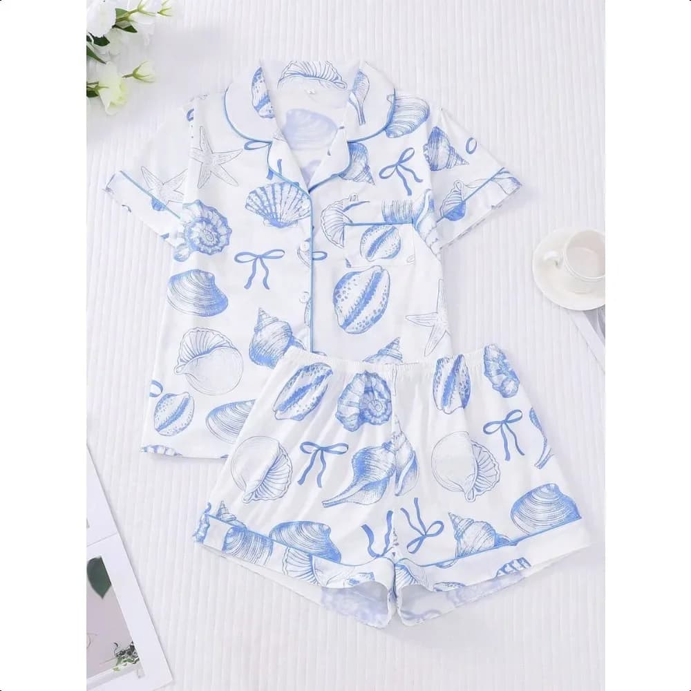 Marira Ocean Shell 2Pcs Pajama Set, Collared Button Top & Elastic Shorts, Women Holiday Daily Loungewear