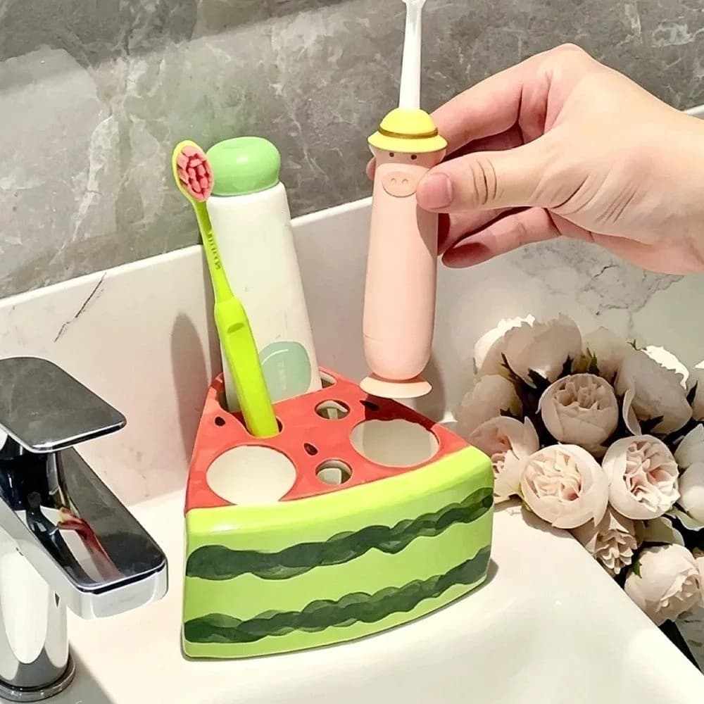 Portaspazzolino in Ceramica a Forma di Anguria, Supporto Impermeabile per Spazzolino Elettrico, Organizzatore da Bagno Antiscivolo e Salvaspazio