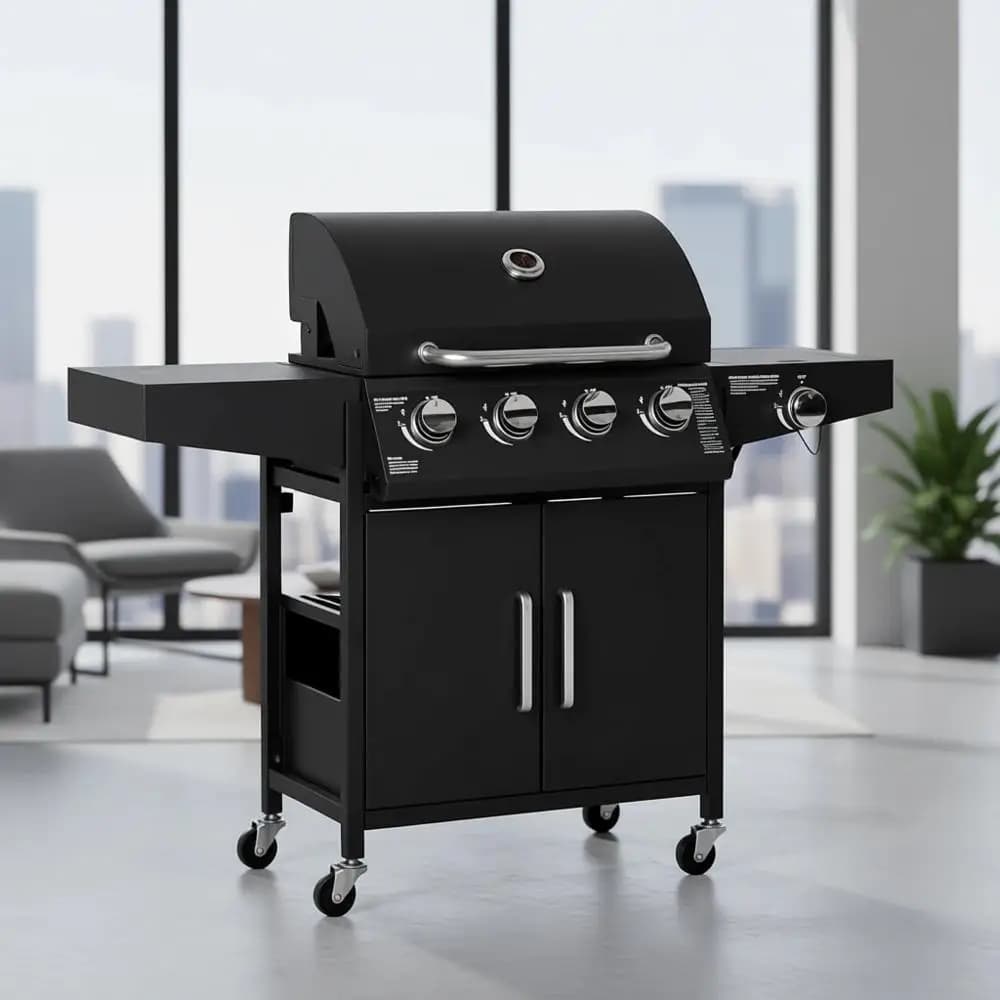 Grill a Gas Propano a 4 Bruciatori con Fornello Laterale, 50.000 BTU, per Esterni, con Mobiletto, Ripiani, Griglia di Riscaldamento, Termometro, Ruote